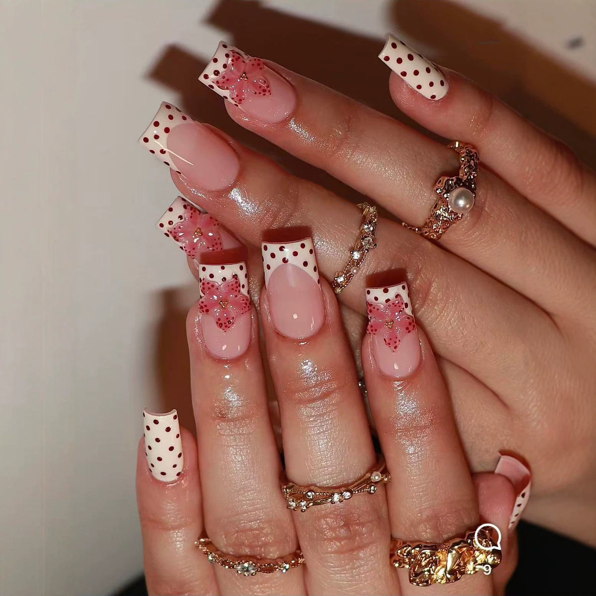 Charming Floral Inspired Long Square Pink Press On Nail Set with Decorative Polka Dots and Embellished Accents
