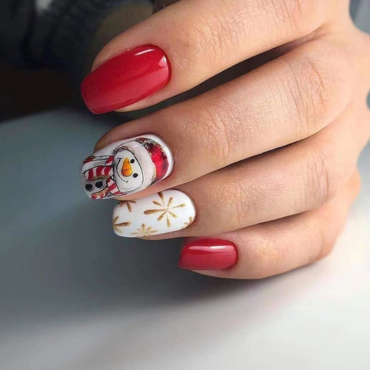 Festive Winter Charm Medium Square Red with Unique Snowman and Snowflake Accent Design Press on Nail Set