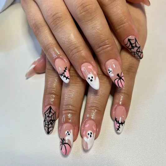 Spooky Halloween Medium Almond Pink and White Ghostly Nail Art Set