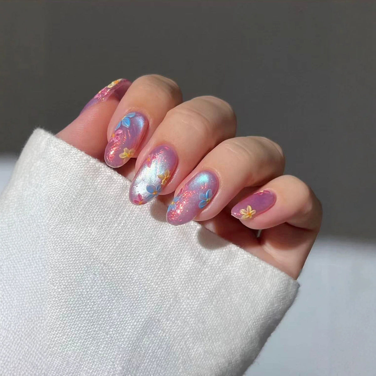 Whimsical Floral Long Oval Pastel Glitter Press On Nail Set