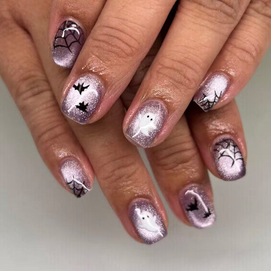 Spooktacular Short Square Purple Glitter Press On Nail Set with Haunted Theme