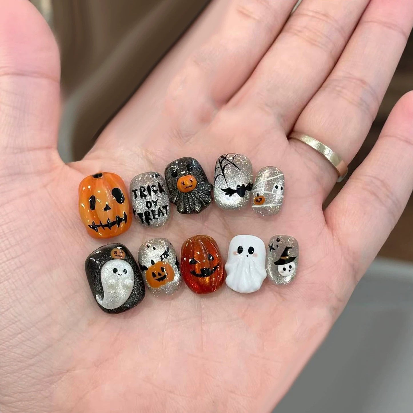 Spooky Glamour Short Square Orange and Black Themed Press On Nail Set with Halloween Designs
