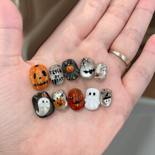Spooky Glamour Short Square Orange and Black Themed Press On Nail Set with Halloween Designs