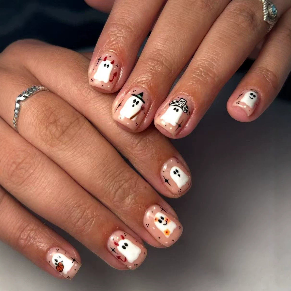 Spooky Ghostly Short Square Beige Press On Nail Set Featuring Cute Halloween Designs