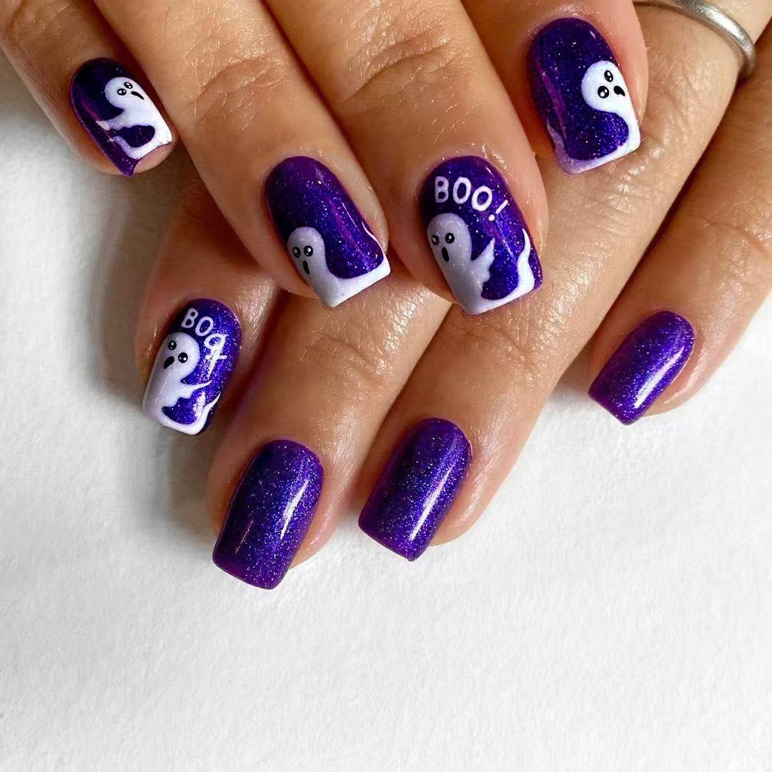 Spooky Elegance Short Square Purple Glitter Press on Nail Set with Ghost Designs