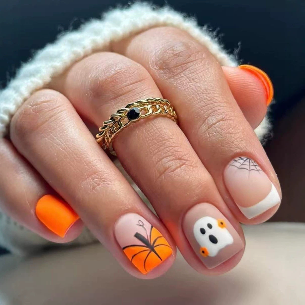 Spooky Delights Short Square Orange with Whimsical Pumpkin and Ghost Design Press on Nail Set