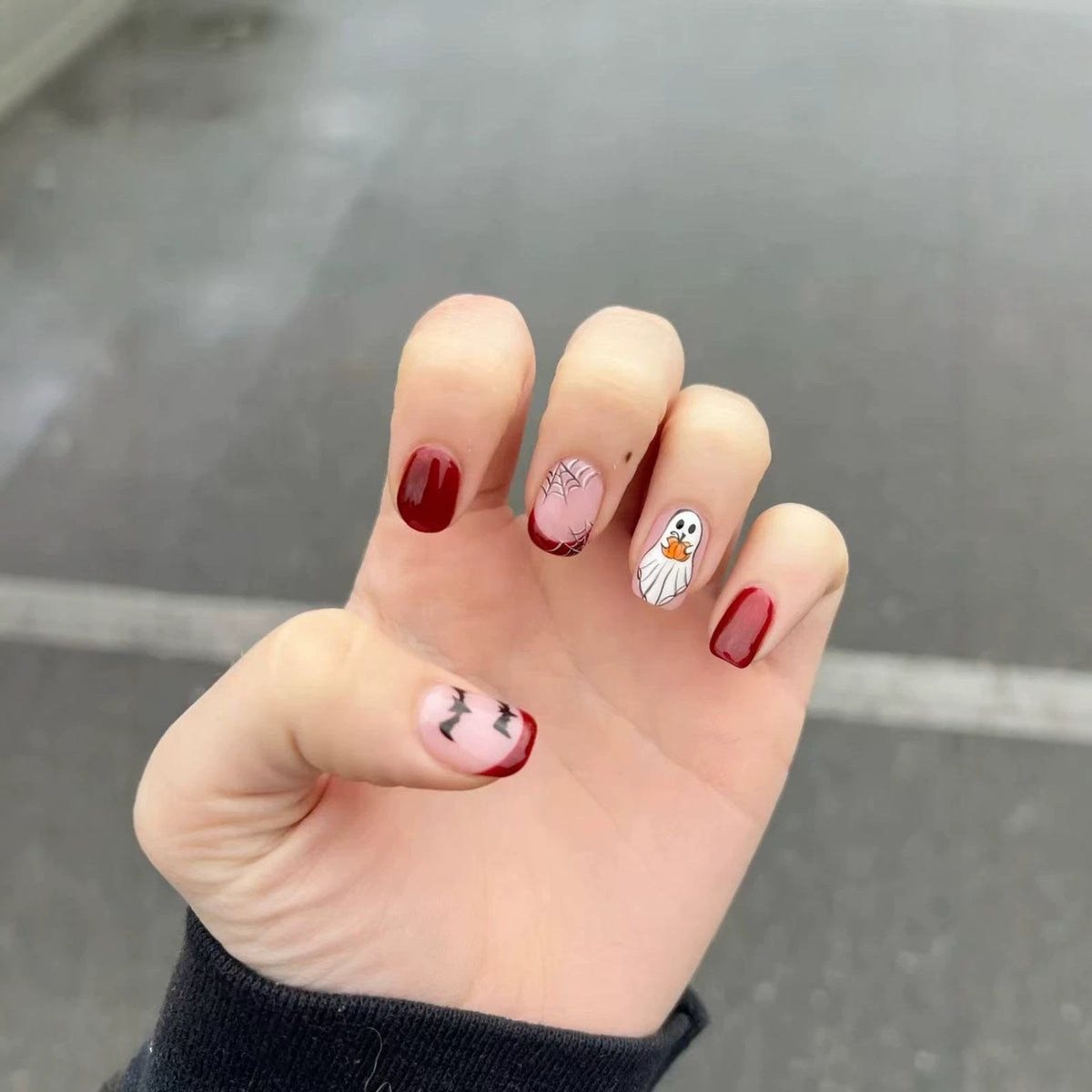 Spooky Fun Short Square Deep Red with Quirky Ghost Design Press On Nails Set