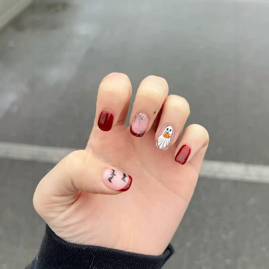Spooky Fun Short Square Deep Red with Quirky Ghost Design Press On Nails Set