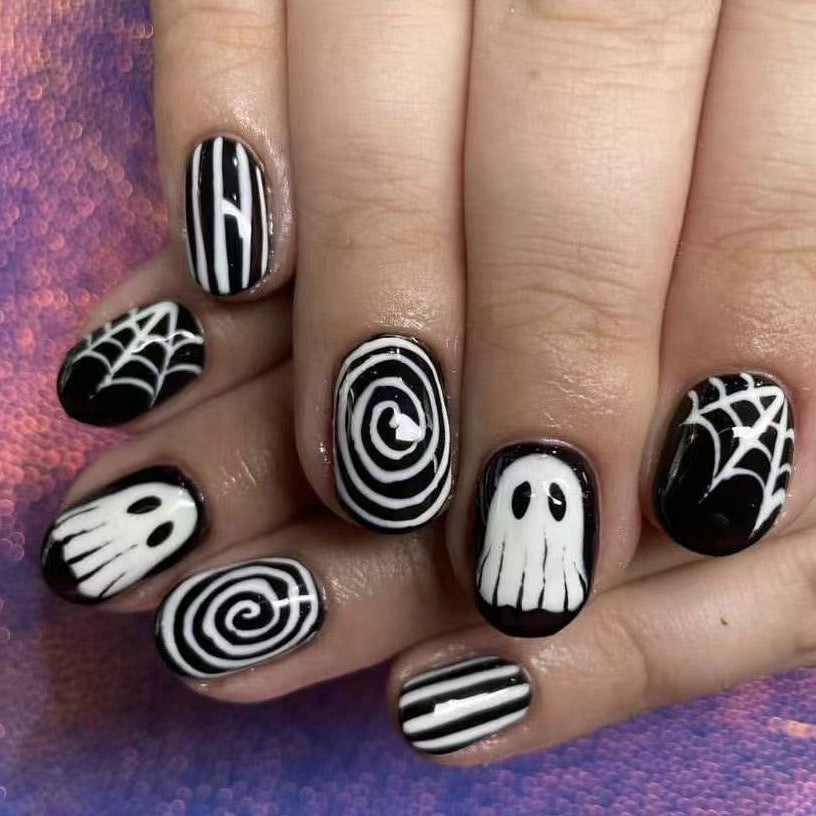 Spooky Vibes Short Oval Black with Ghost and Spider Web Design Press On Nail Set