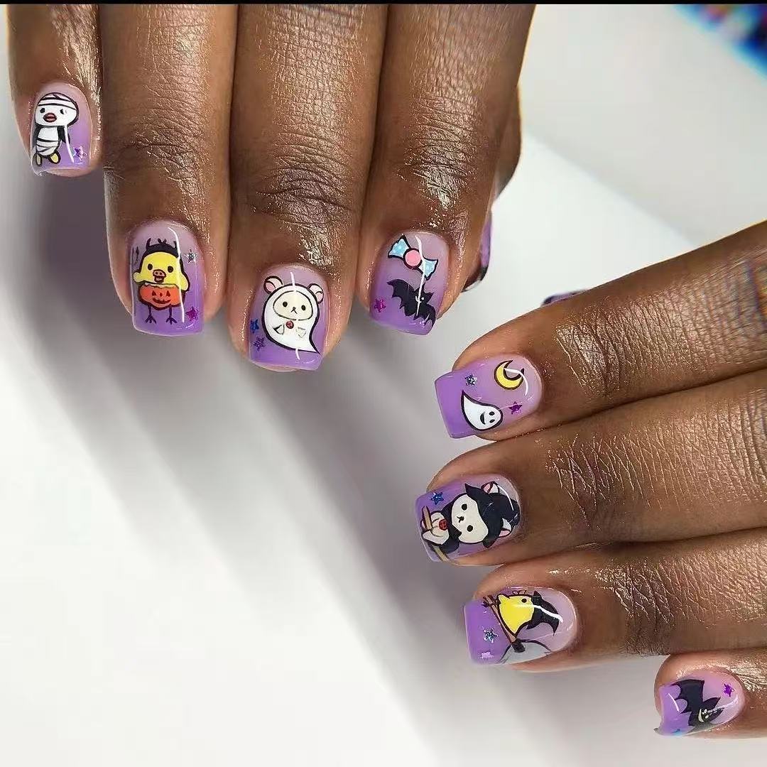 Whimsical Halloween Short Square Lavender Press On Nail Set with Fun Character Designs
