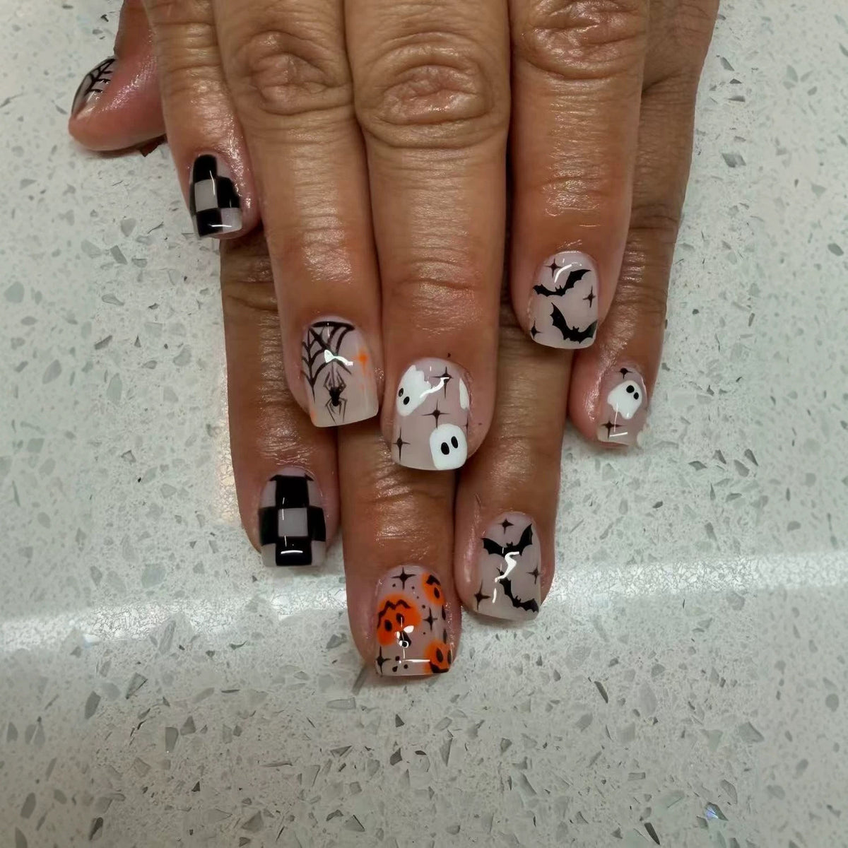 Spooktacular Short Square Black and Orange Halloween Press on Nail Set with Creepy Designs