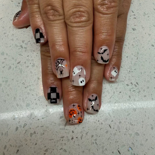 Spooktacular Short Square Black and Orange Halloween Press on Nail Set with Creepy Designs