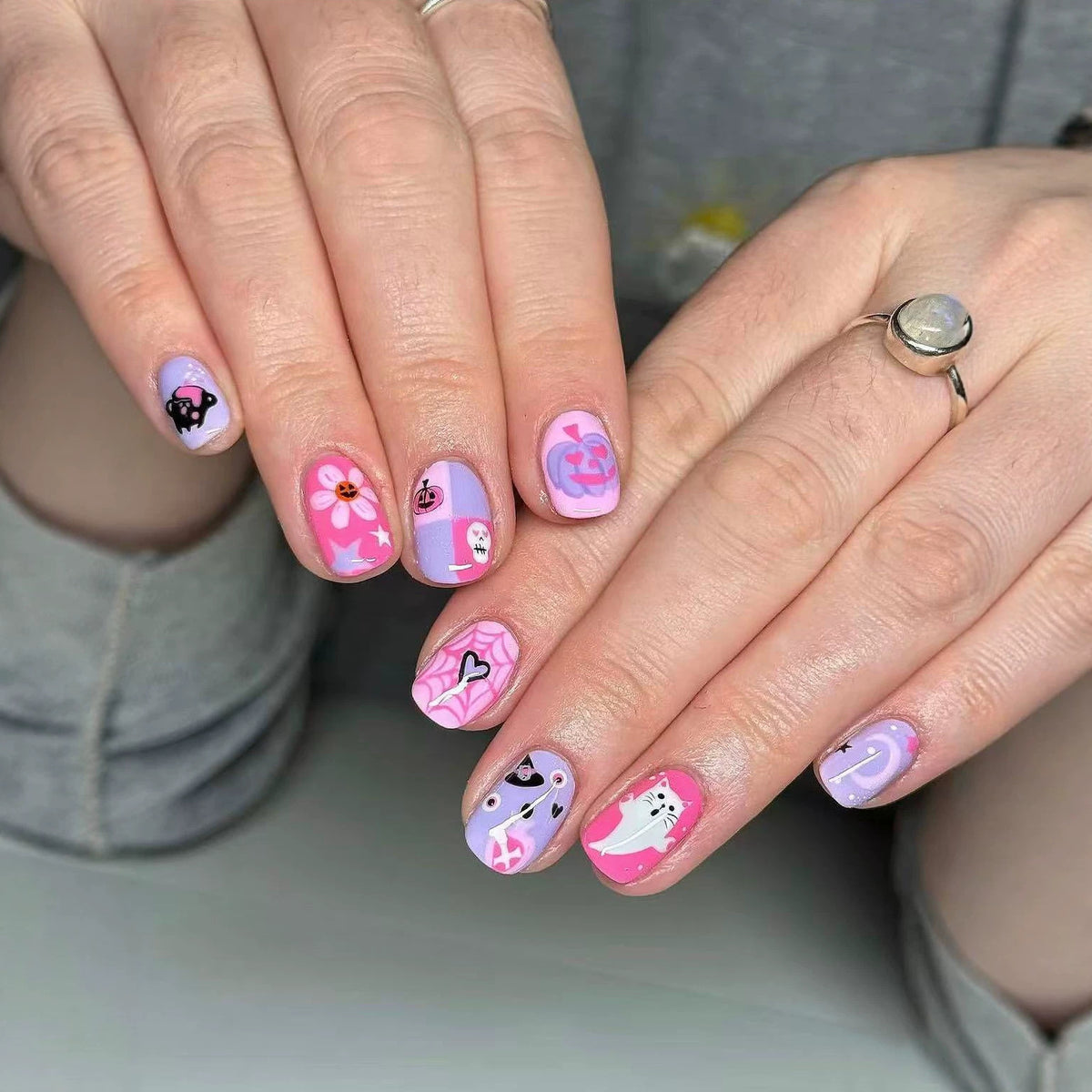Whimsical Charm Short Round Pink Patterned Nail Press Set