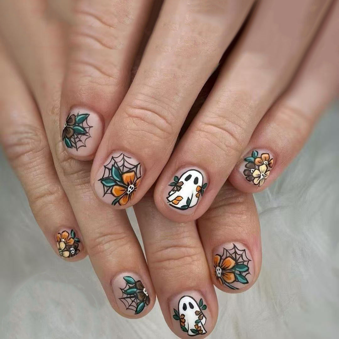 Spooky Floral Short Round Press On Nail Set with Charming Ghost and Spider Web Designs