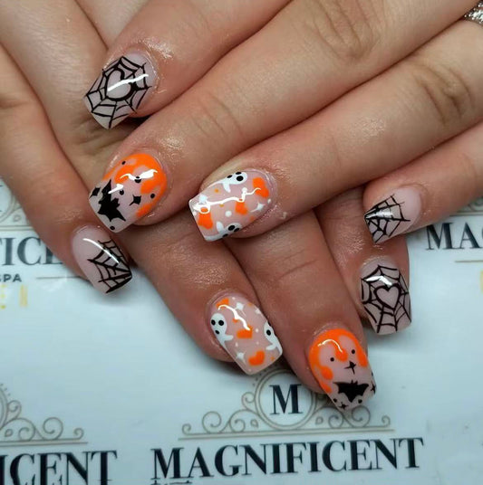 Spooky Short Square Orange and Black Spider Web Press On Nail Set