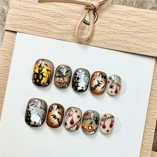 Halloween Inspired Short Square Orange and Black Spooktacular Press-On Nail Set