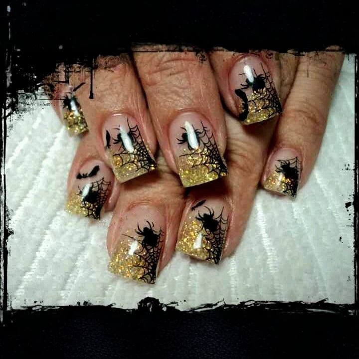 Spooky Glam Medium Square Gold Glitter Press on Nail Set