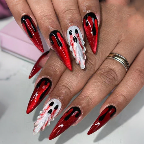 Spooky Ghost Theme Long Almond Red with Dripping Blood Design Press On Nail Set
