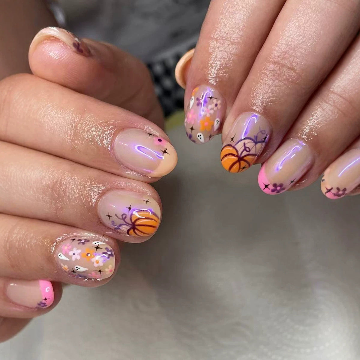 Autumn Vibes Short Round Orange Floral Press on Nail Set with Glossy Finish