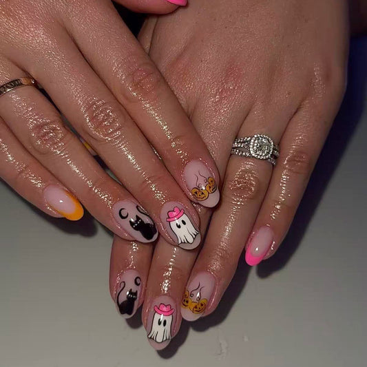 Spooktacular Halloween Inspired Short Round Pink Gradient Press On Nail Set with Fun Ghost and Pumpkin Designs