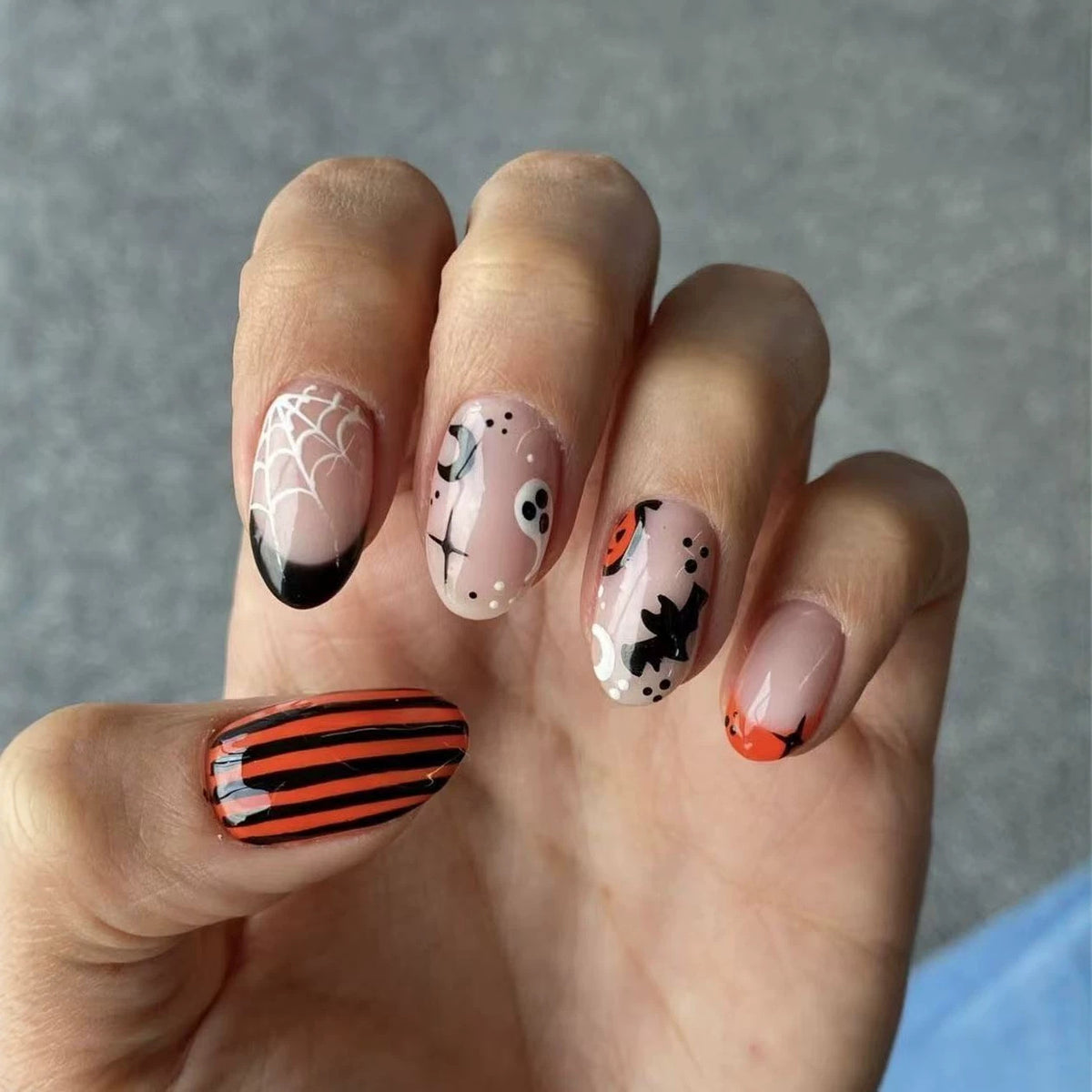 Spooky Halloween Medium Oval Orange and Black Striped Press On Nail Set