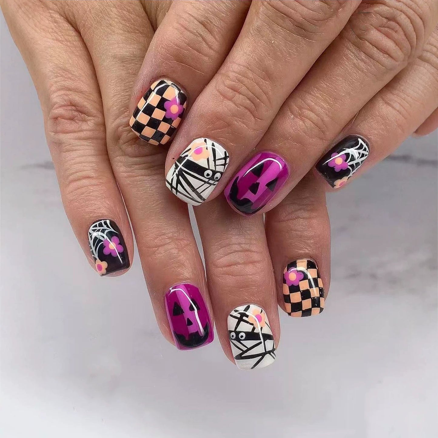 Spooky Vibes Short Square Purple and Black Checkerboard Press-On Nail Set