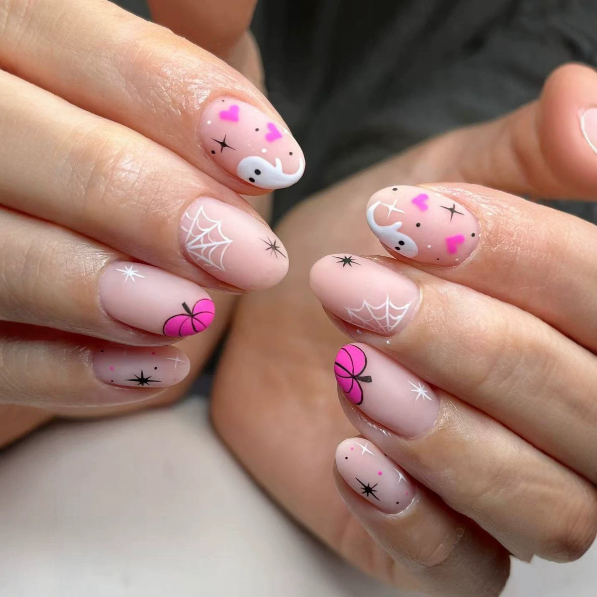 Spooky Glam Short Round Pink with Whimsical Ghosts and Spiderwebs Press On Nail Set