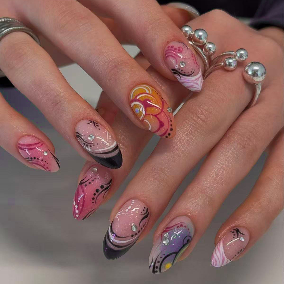Vibrant Floral Fantasy Medium Almond Pink and Black Press On Nail Set with Sparkling Gems