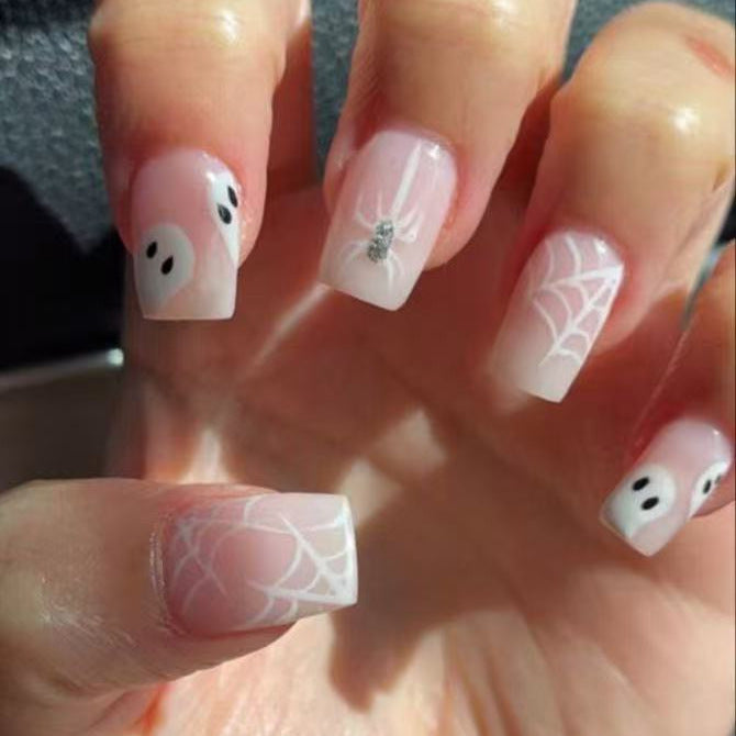 Spooky Elegance Medium Square Pink with Spider and Web Design Press On Nail Set