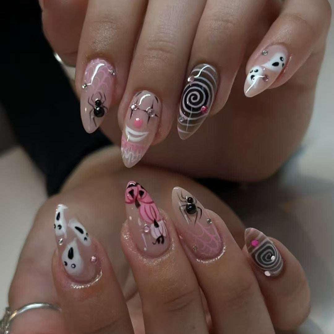 Spooky Glam Medium Almond Pink and Black Designed Press On Nail Set