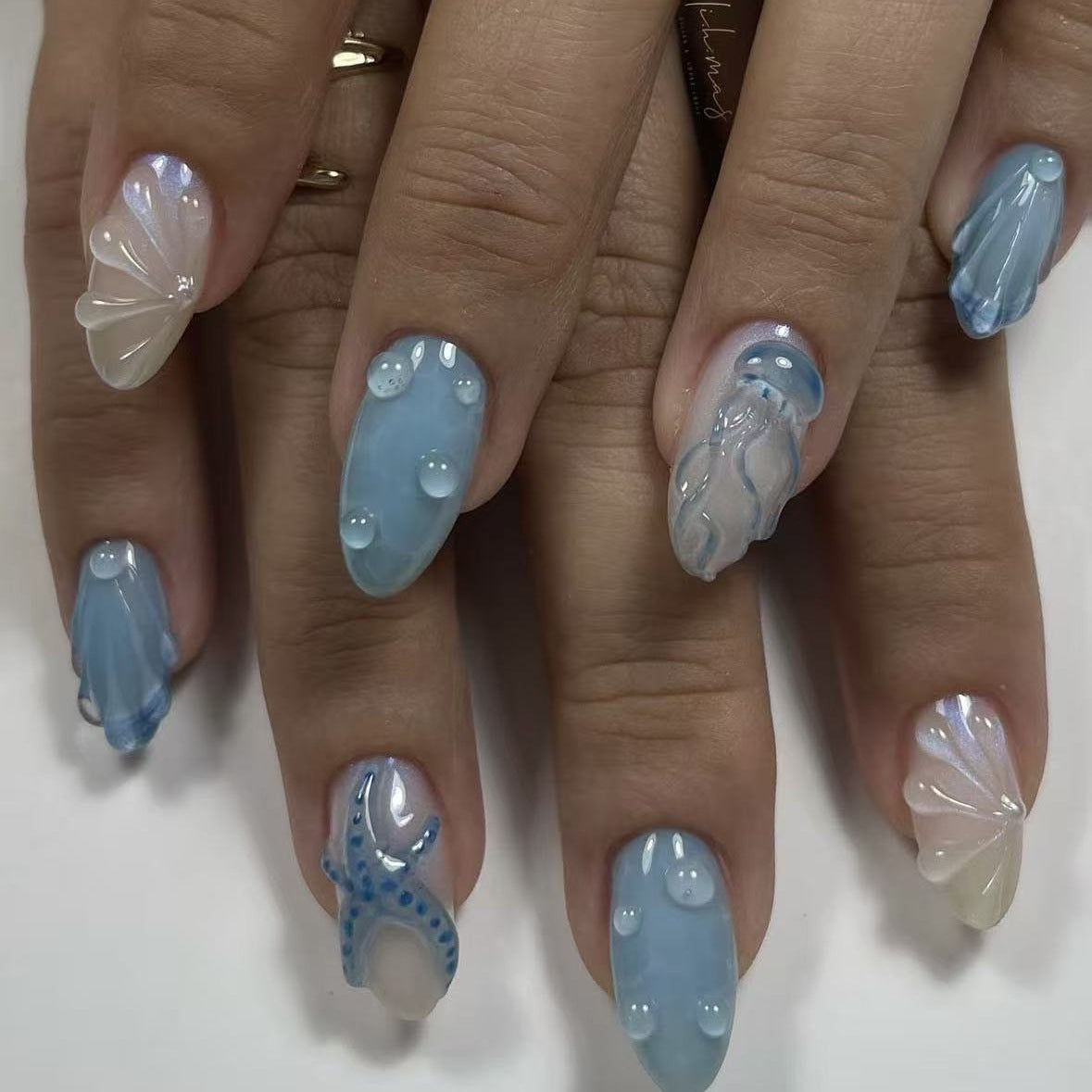 Ocean Fantasy Long Almond Blue Shimmer and Oceanic Design Press On Nail Set