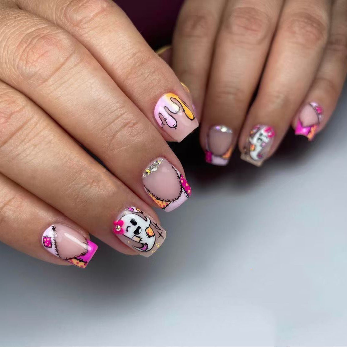 Whimsical Artistry Short Square Pink with Fun Character Design Press on Nail Set