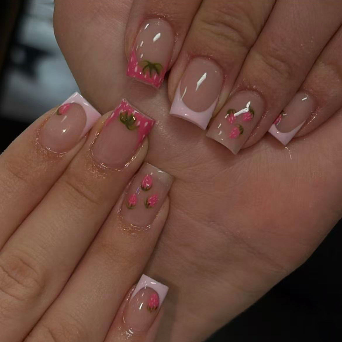 Strawberry Delight Short Square Pink with Floral Design Press on Nail Set