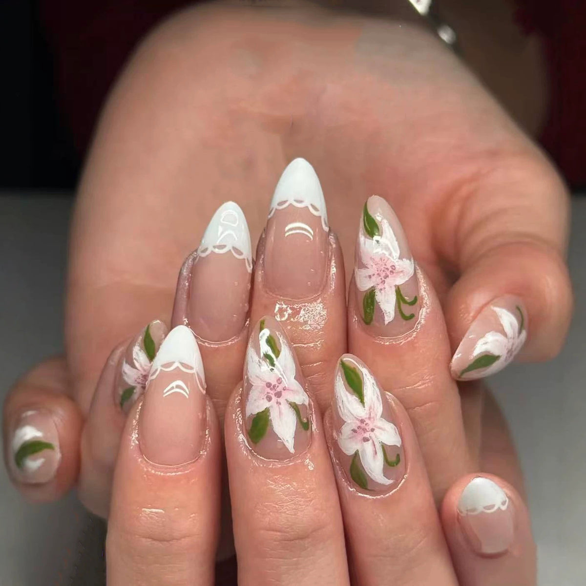 Floral Elegance Medium Almond White and Pink Flower Press On Nail Set