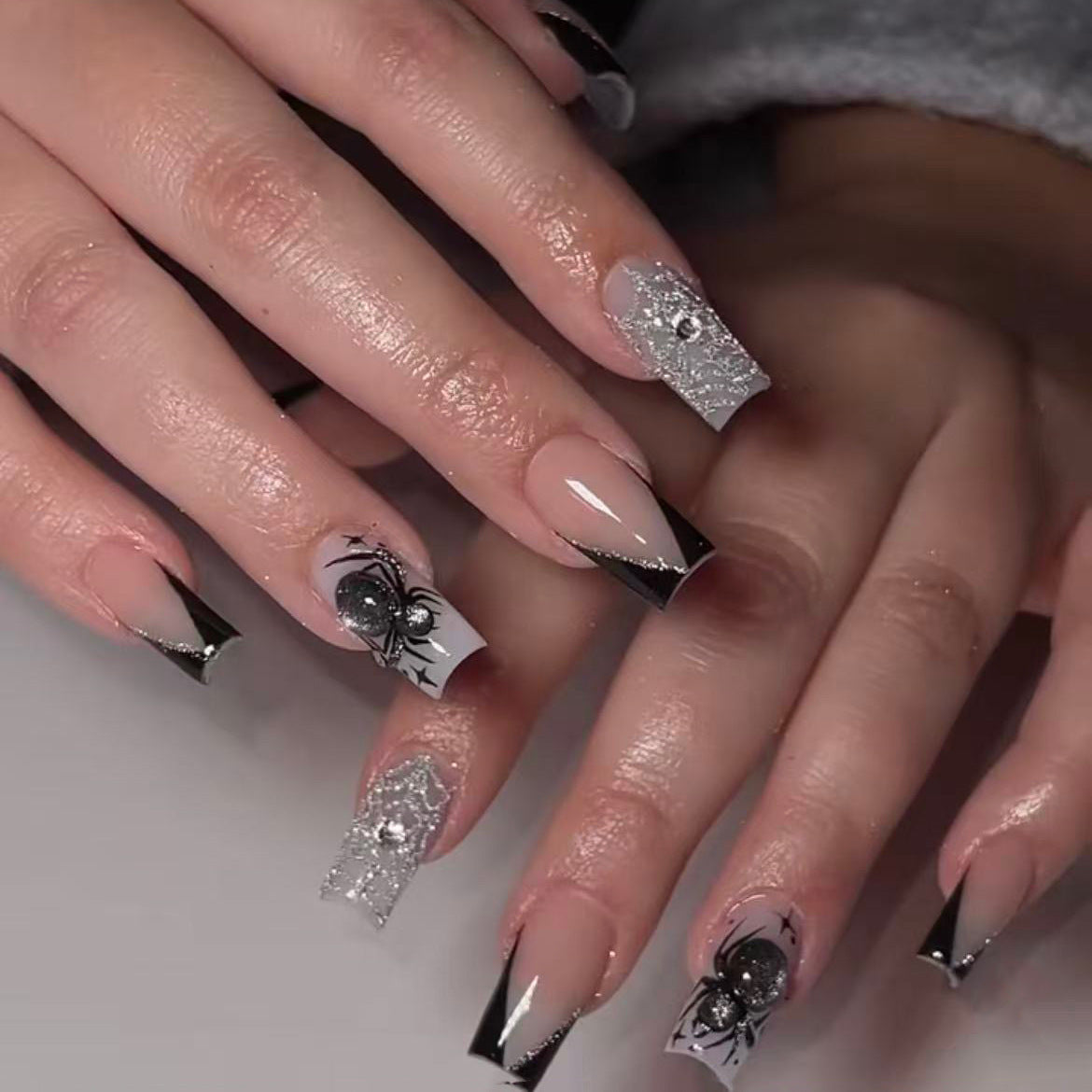 Spooky Elegance Long Square Black and Silver Spider Nail Set