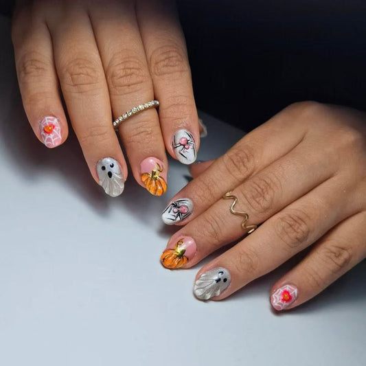 Spooky Festival Short Oval Pink and Silver Nail Set with Intricate Halloween Designs