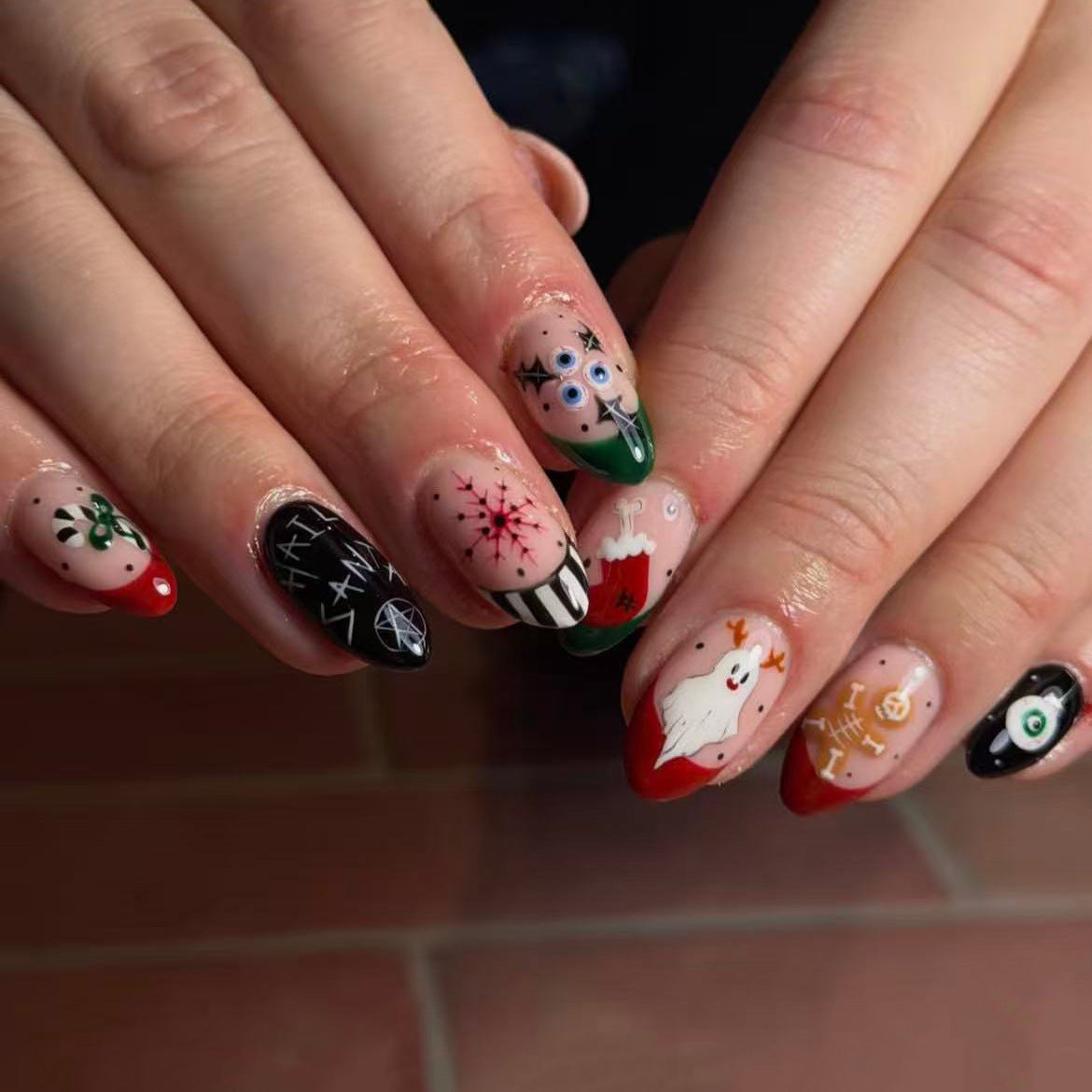Spooky Elegant Long Almond Green and Red Press on Nail Set with Unique Halloween Designs