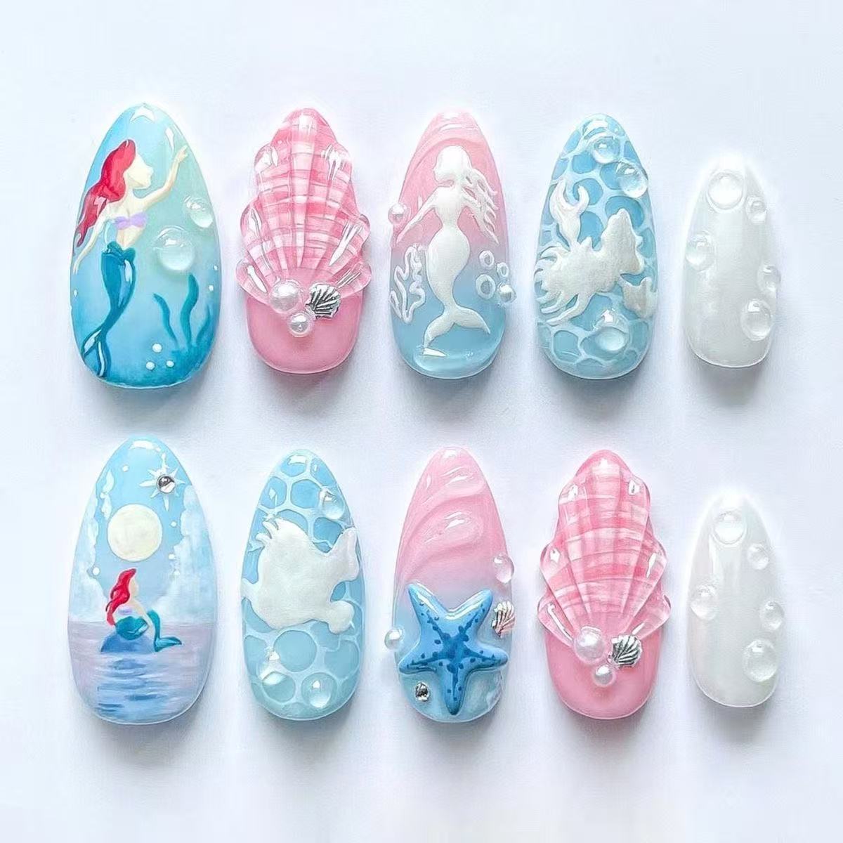 Mermaid Dream Medium Almond Pink and Blue Glossy with Underwater Detailing Press on Nail Set