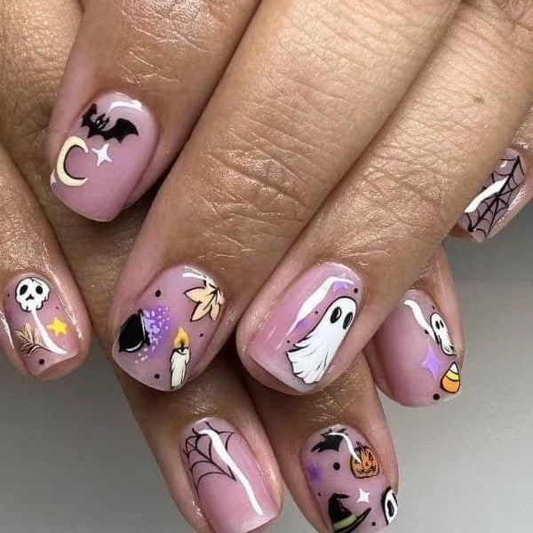 Spooky Charm Short Square Lilac Ghost Theme Press On Nail Set