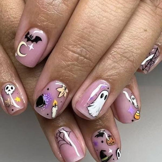 Spooky Charm Short Square Lilac Ghost Theme Press On Nail Set