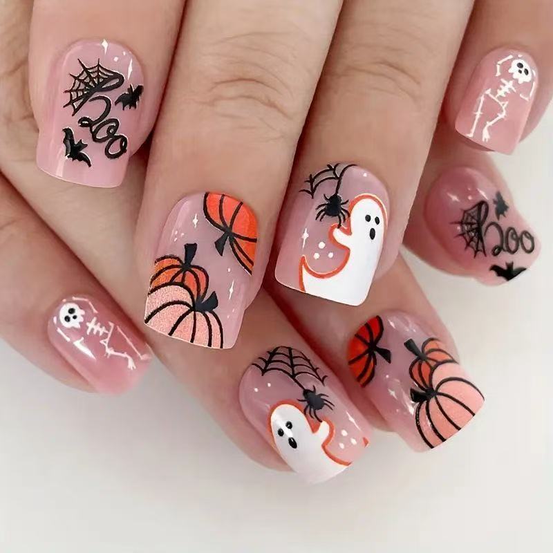 Spooky Halloween Short Square Coral Glow Press On Nail Set