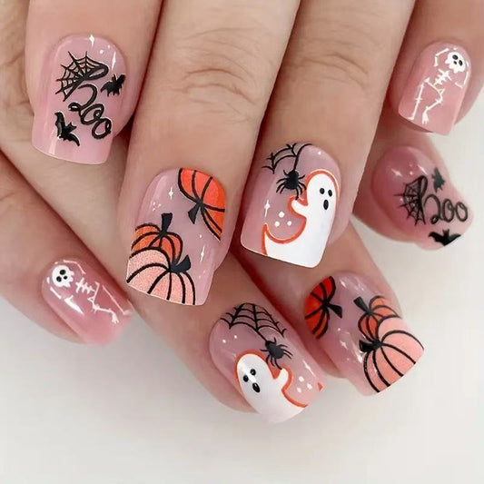 Spooky Halloween Short Square Coral Glow Press On Nail Set