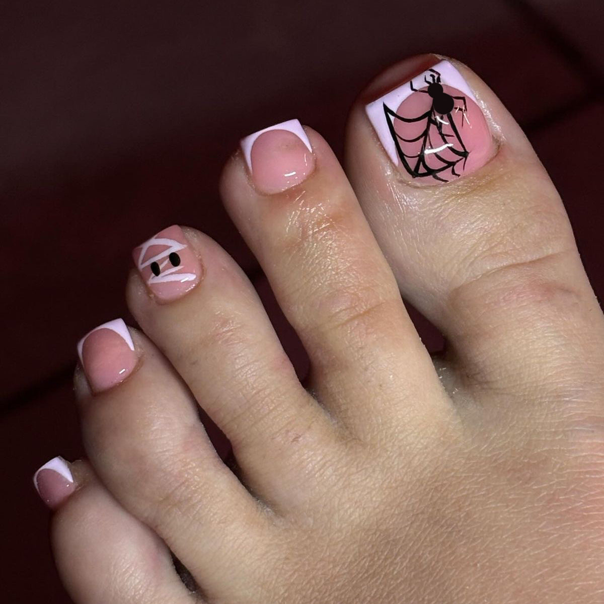 Spooky Vibes Short Square Pink with Spider Web Design Press on Toenail Set