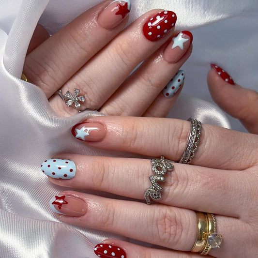 Festive Stars Short Round Red and Blue Polka Dot Nail Set