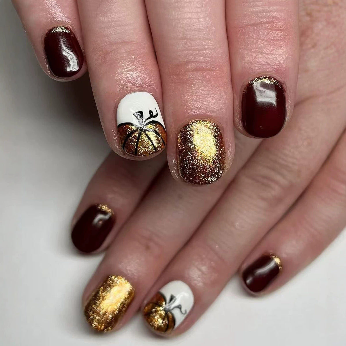 Autumn Vibes Short Square Burgundy and Gold Glitter Press On Nail Set