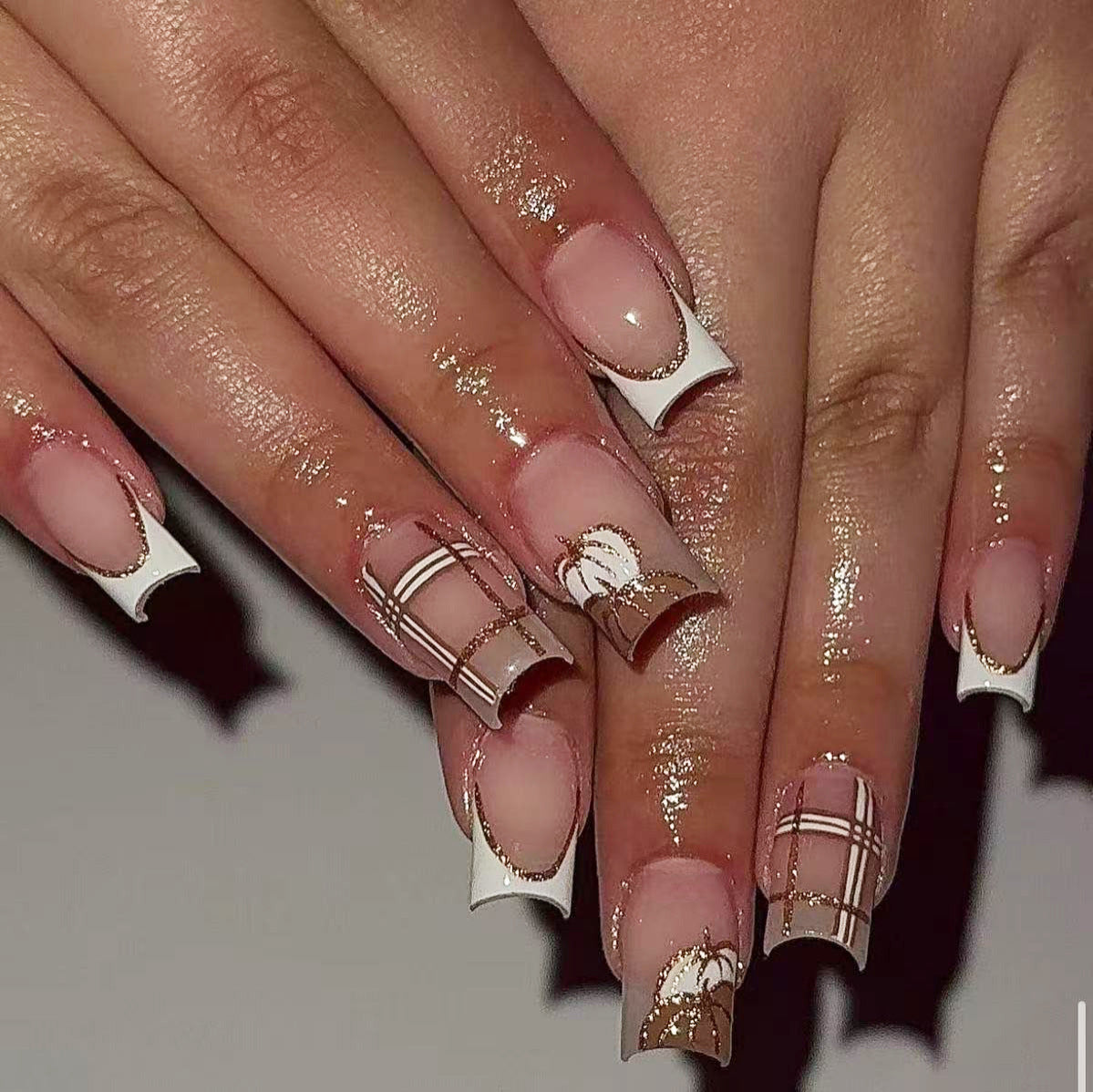 Elegant Floral Fantasy Long Square White with Gold Detailing Press On Nail Set