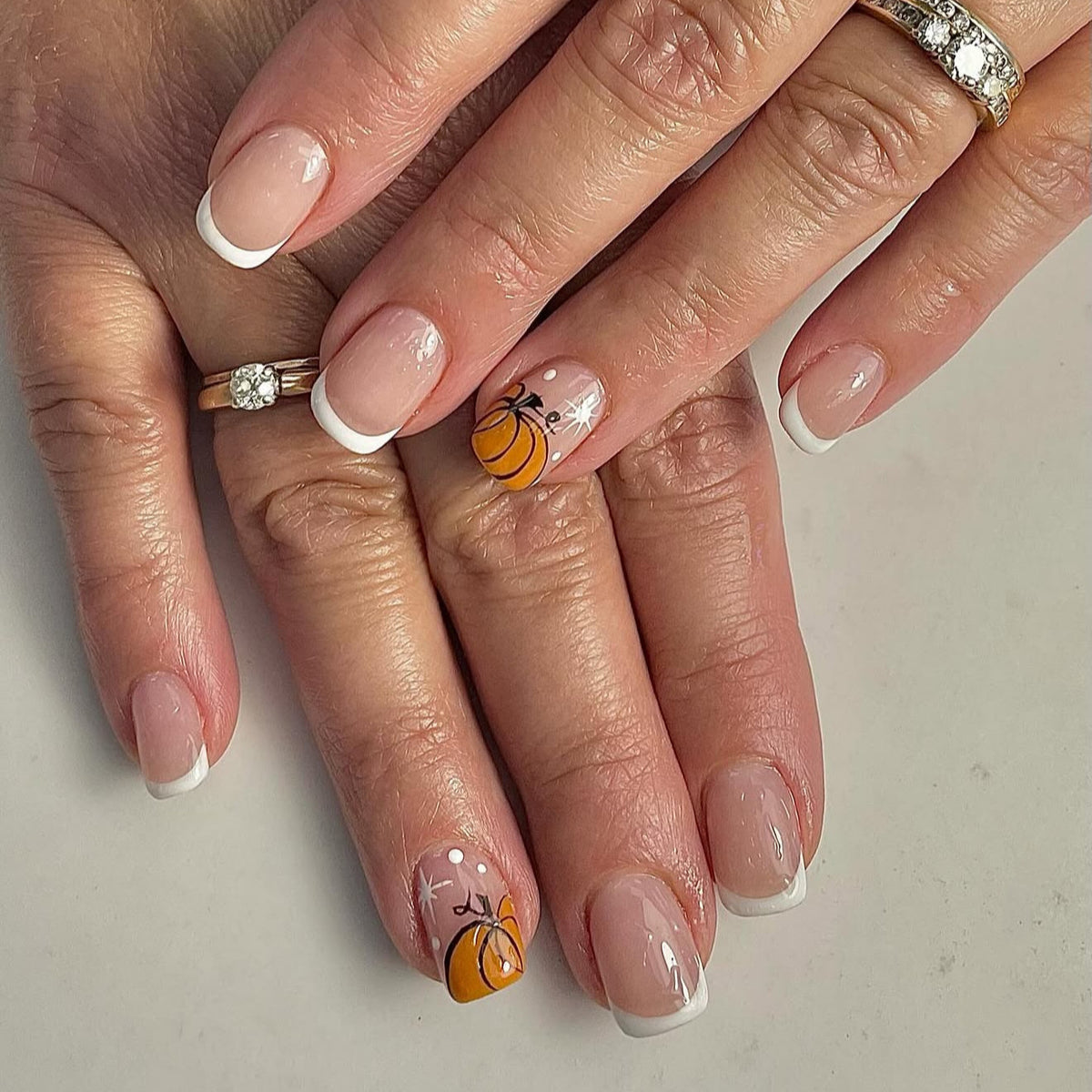 Autumn Inspired Short Square Beige Press On Nail Set with Fun Pumpkin Art