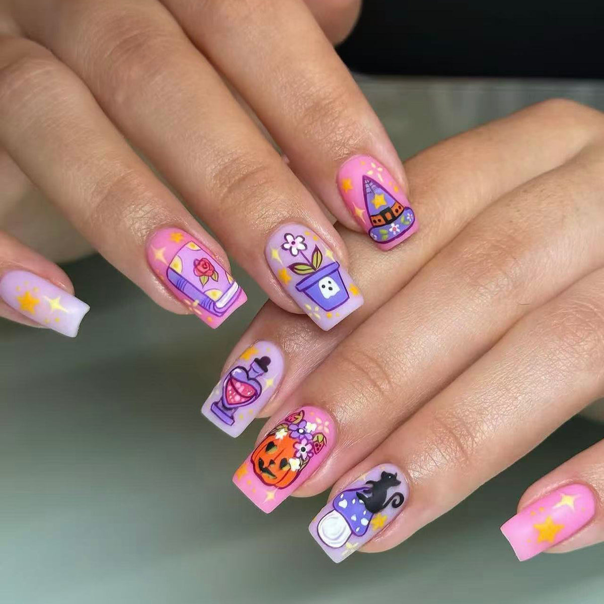 Enchanting Autumn Short Square Pink Ombre Nails with Whimsical Halloween Designs