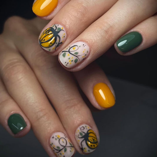 Autumn Blossom Short Oval Green with Yellow Accents and Floral Design Press on Nail Set