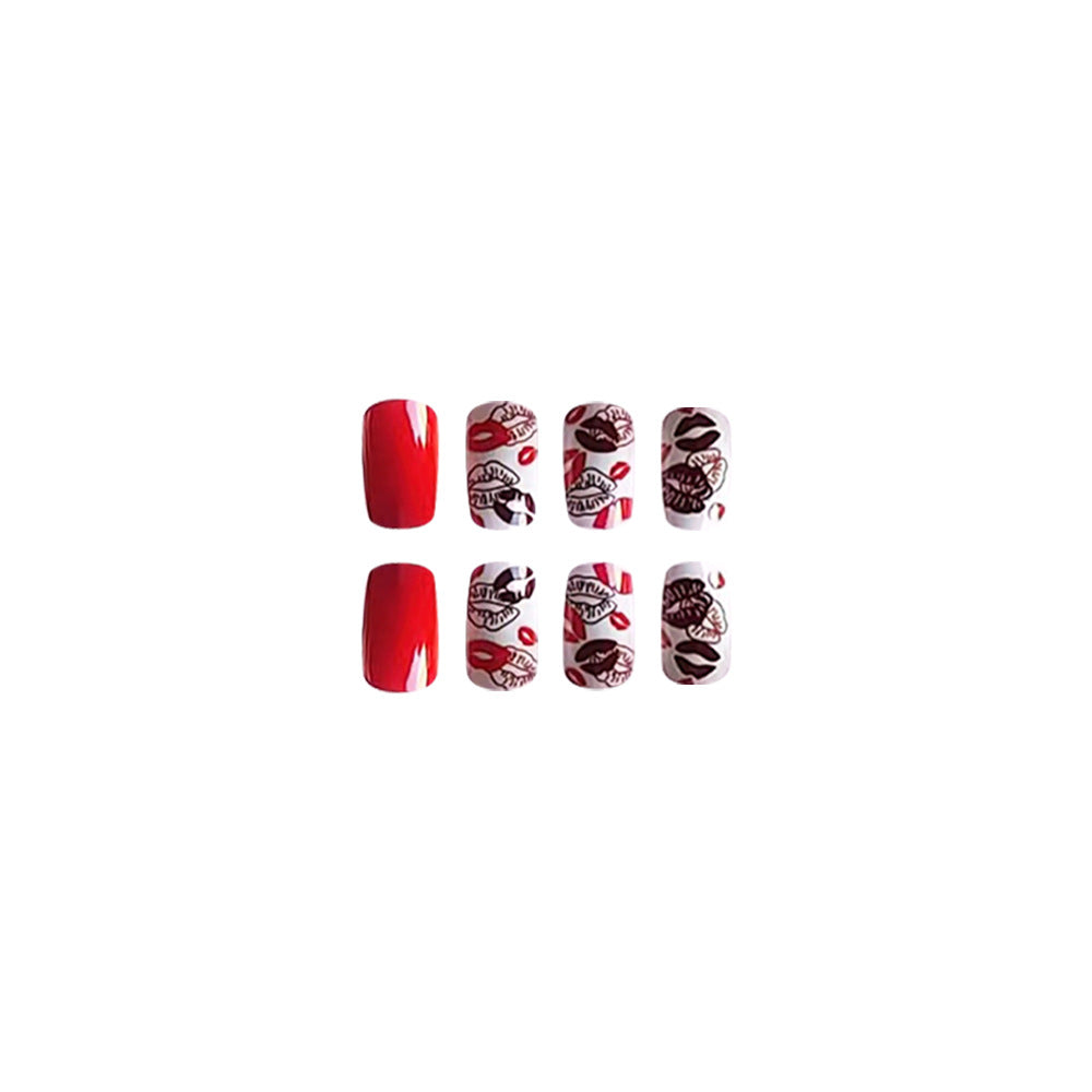 Chic Romance Medium Length Square Shape Vibrant Red with Lip Print Design Press On Nail Set